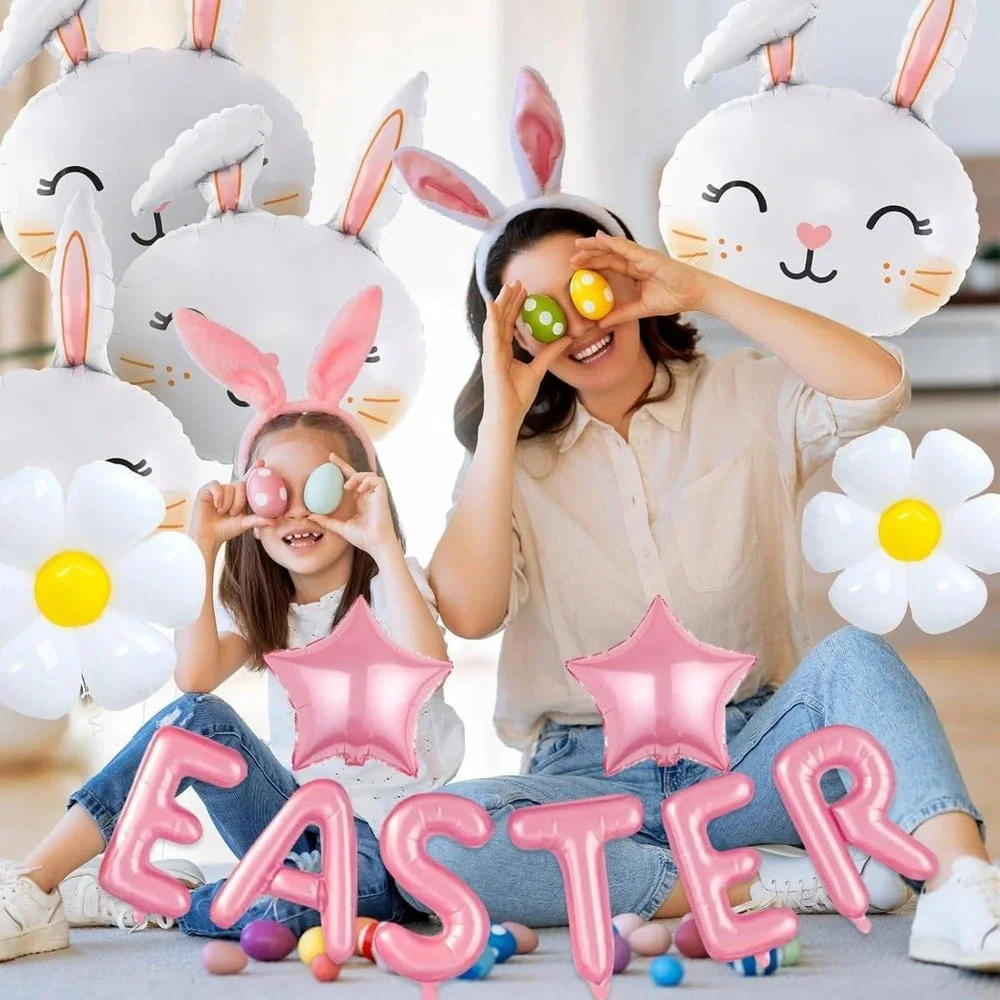 Pink Easter Balloon Kit Bunny‎ Daisy Star Foil Banner Party Decorations 12pc